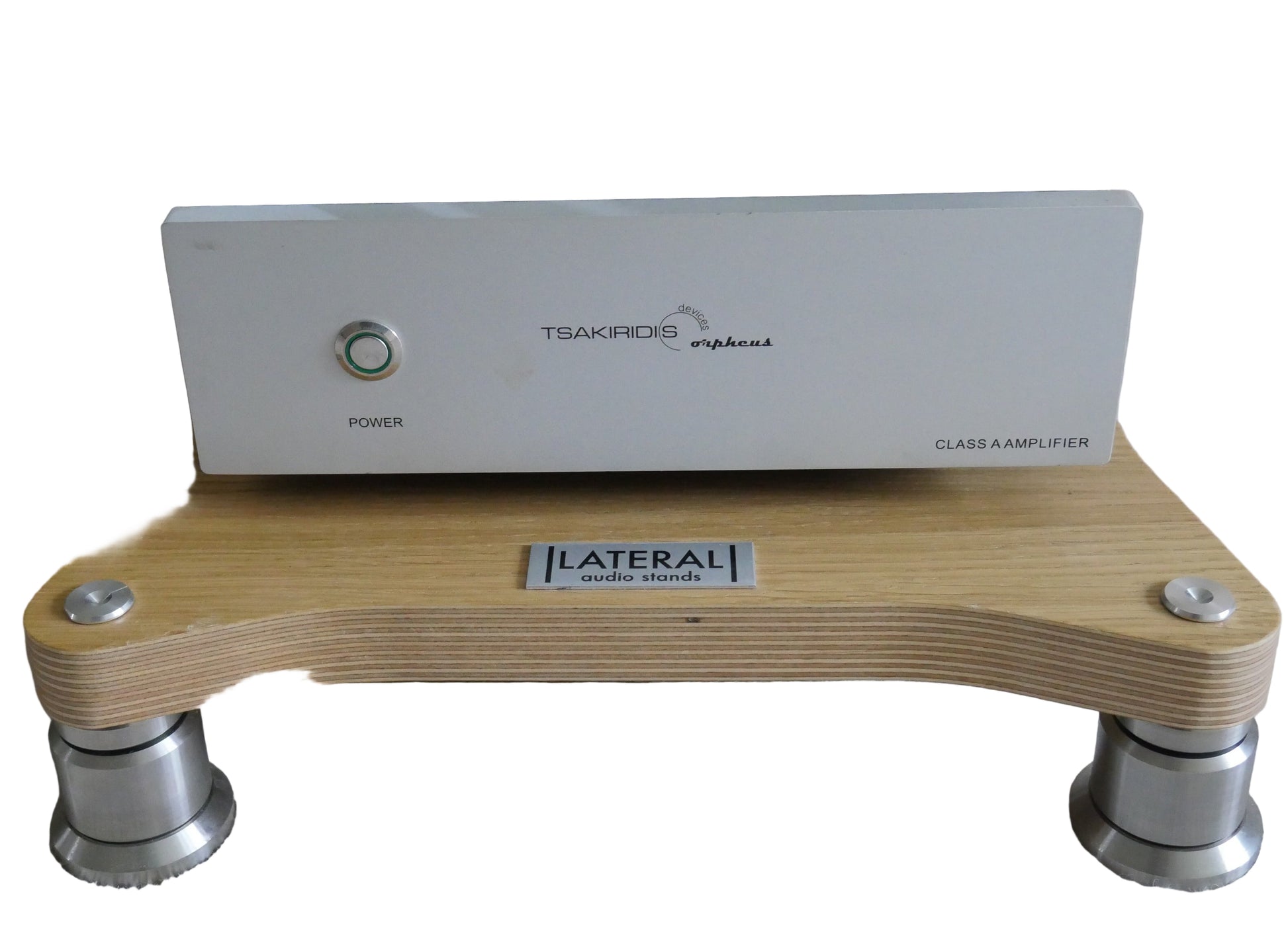 Audio amplifier on wooden stands with 'Lateral' branding